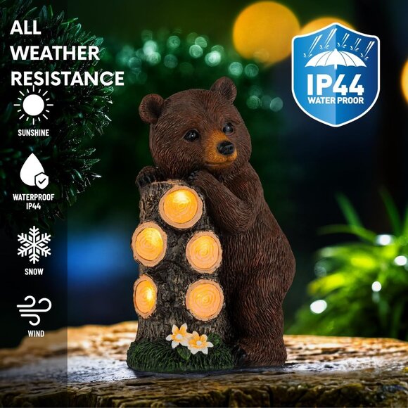 Resin Solar Brown Bear Statue Climbing Tree Trunk with LED Tree Rings for Garden - Picture 3 of 6